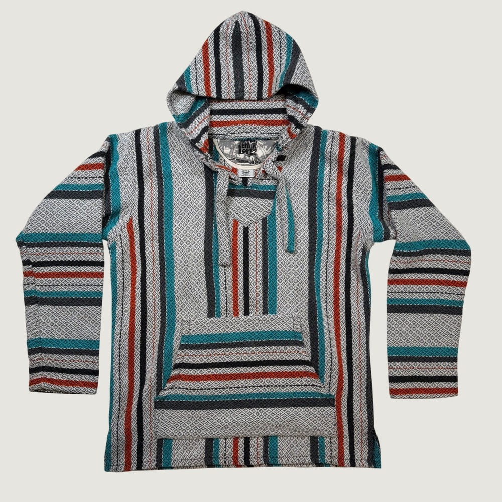 Drug Rug Baja Hoodie XL Multi Color Striped Woven Pullover Mexico Senor Lopez